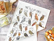 Load image into Gallery viewer, A-Z of Owls Tea Towel