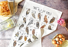 Load image into Gallery viewer, A-Z of Owls Tea Towel