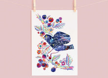 Load image into Gallery viewer, Flying Blackbird & blackberries print