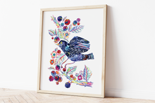 Load image into Gallery viewer, Flying Blackbird & blackberries print