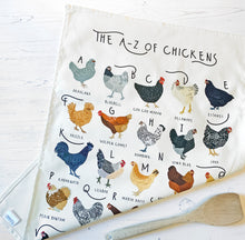 Load image into Gallery viewer, A-Z of Chickens Tea Towel