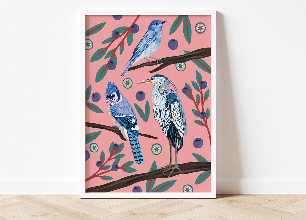Blue Birds & Blueberries Print