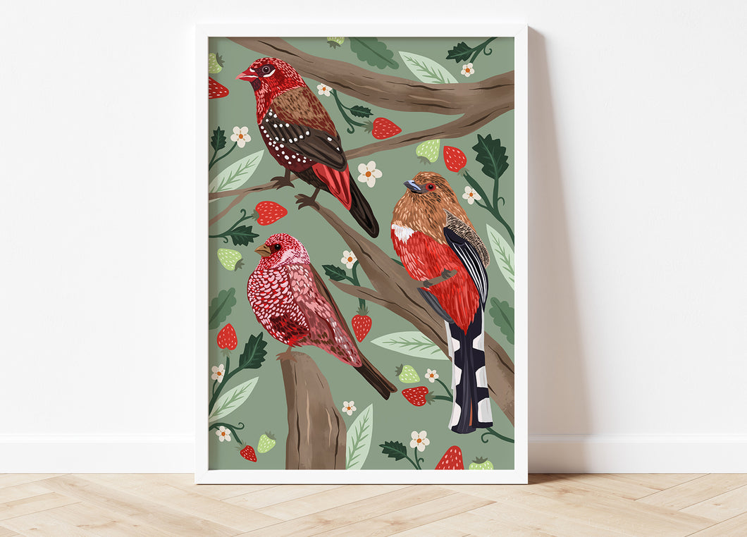 Red Birds & Strawberries Print