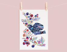 Load image into Gallery viewer, Flying Blackbird &amp; blackberries print
