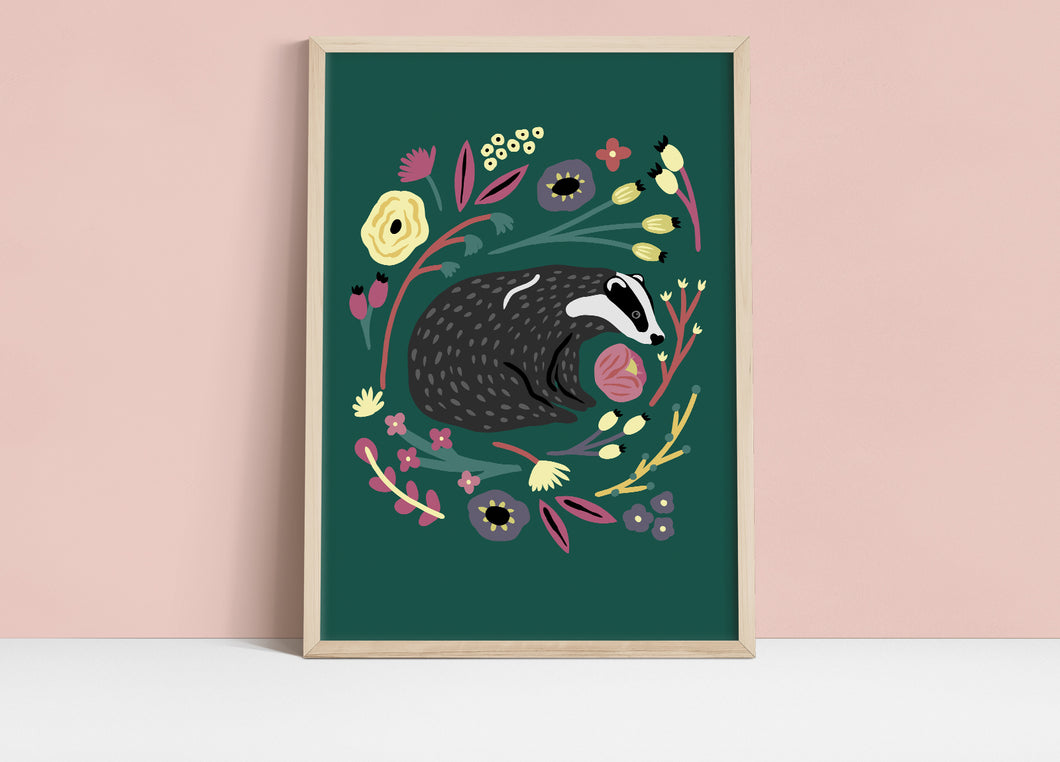 The Badger & The Flowers Print