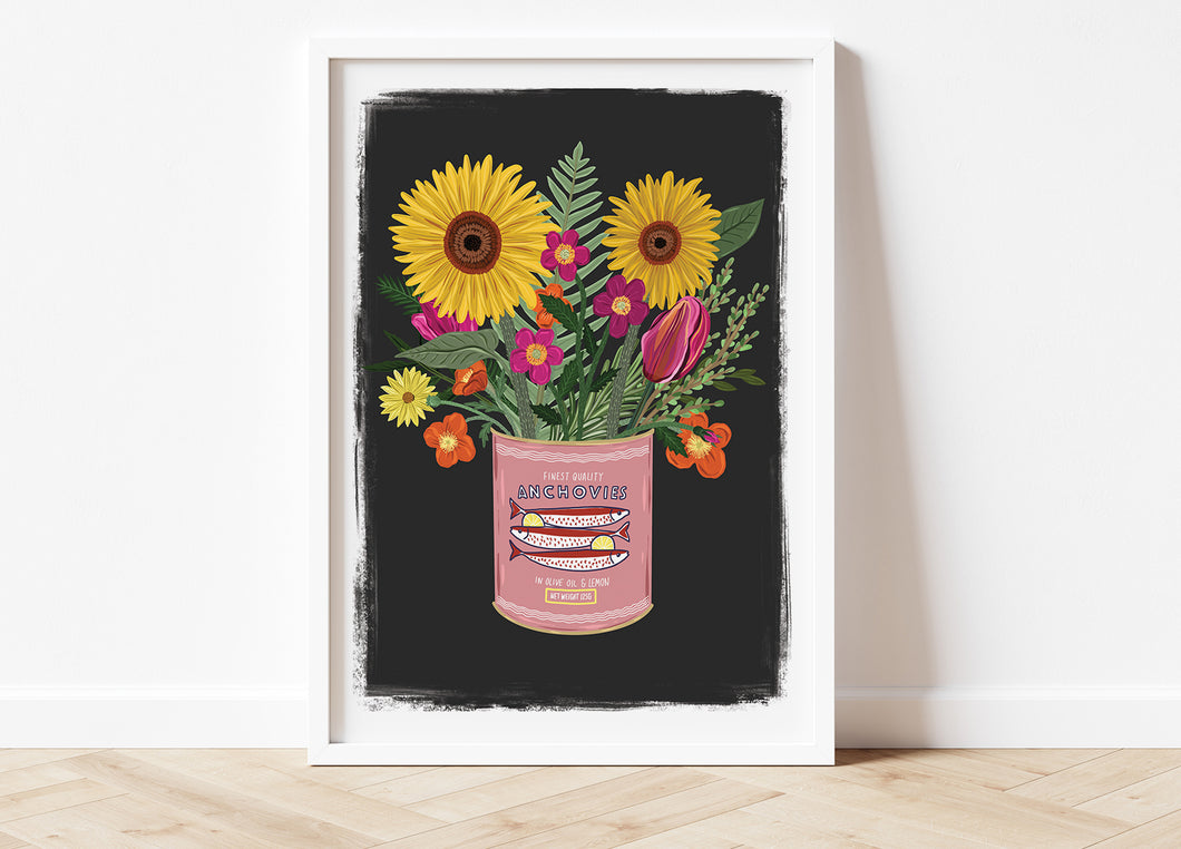 Sunflowers in a vintage Anchovies tin Print