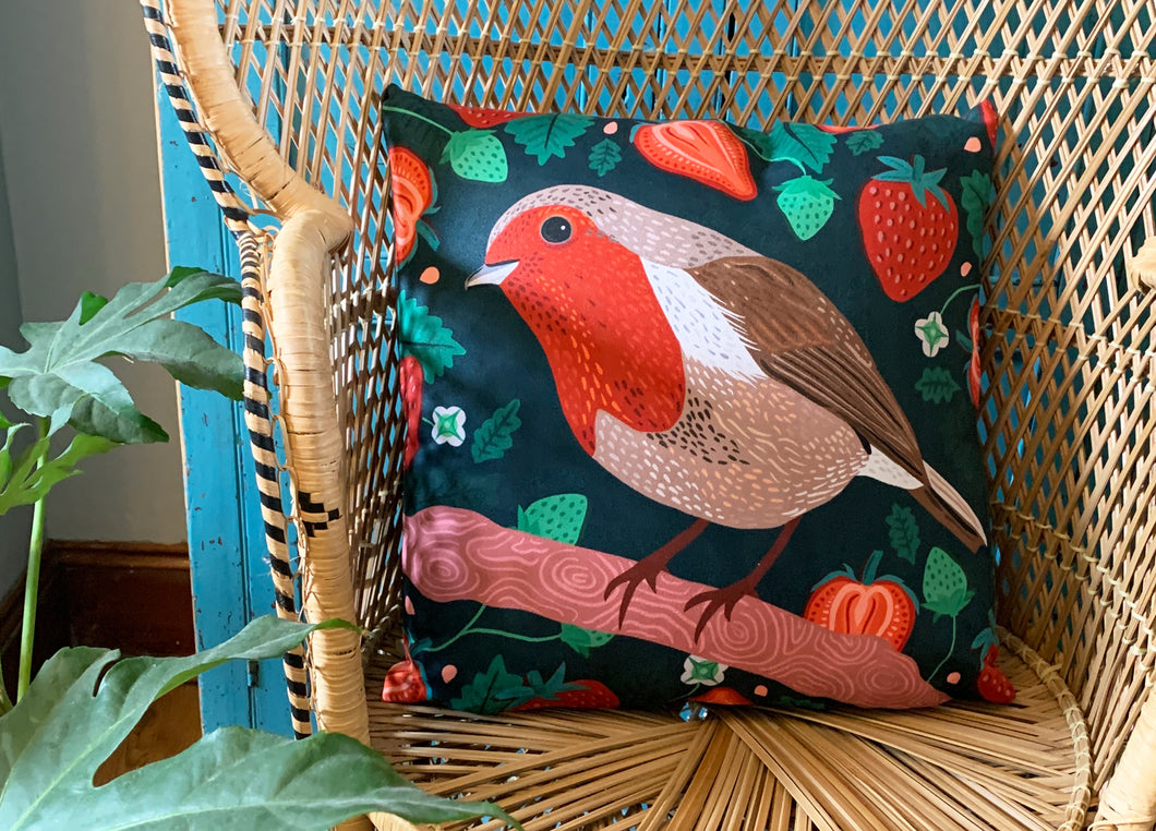 Robin and Strawberries Cushion