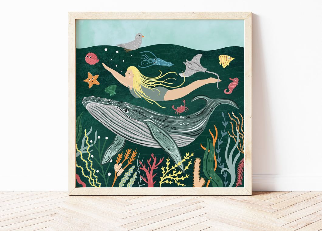 Whale and Swimmer Print