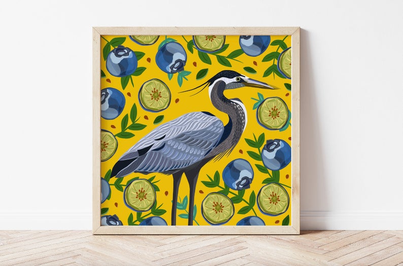 Heron and Blueberries Print