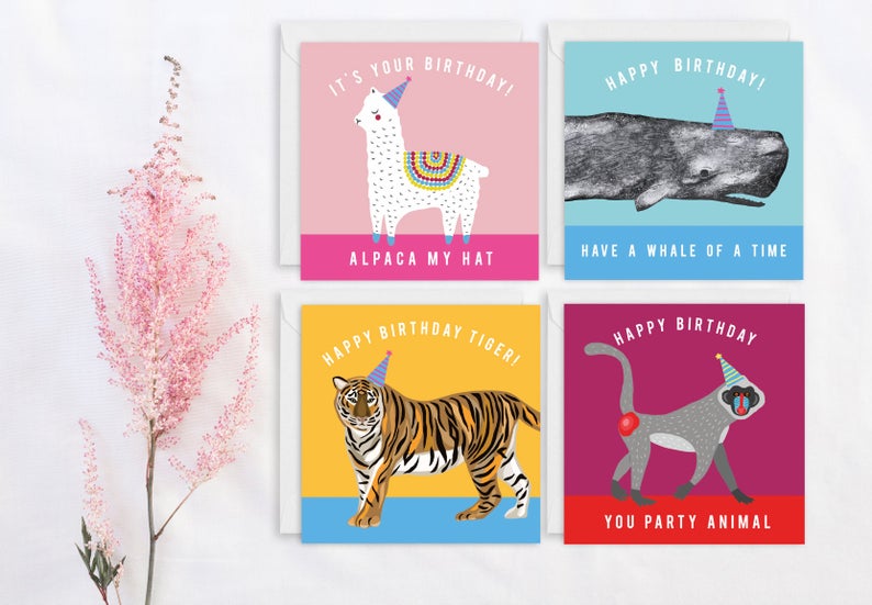 Set of 4 Funny Animal Birthday Cards