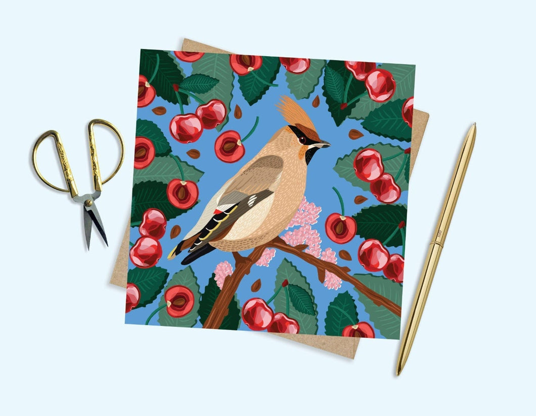 Waxwing And Cherries Card