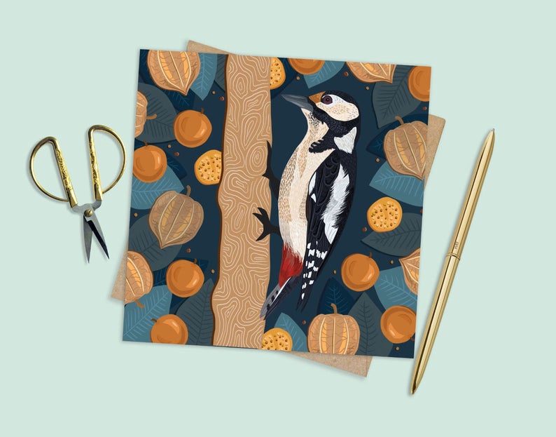 Woodpecker and Physalis Card